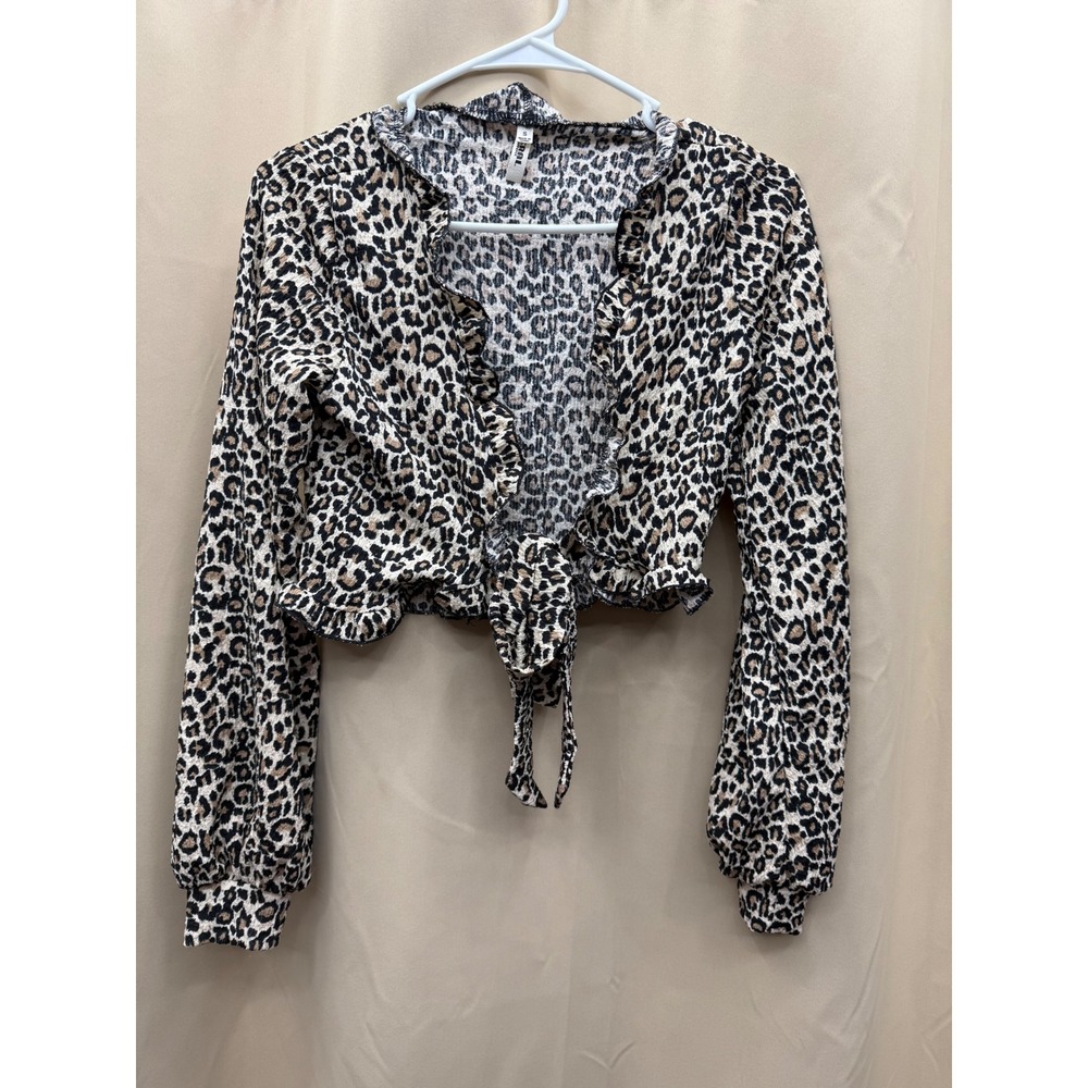 Feral Apparel Leopard Print Tie Front Ruffle Crop Top Small Tan Black‎ Brown